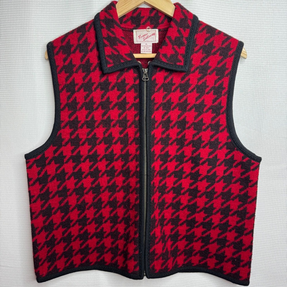 Ronnie Salloway Vintage Boiled Wool Vest Red Black Houndstooth Zip Front XL